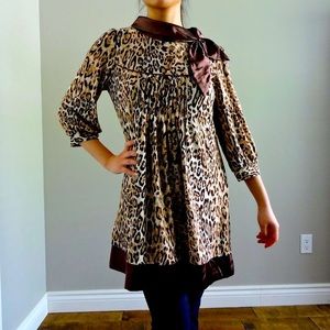 Leopard 3/4 Sleeve Dress with Satin Bow Collar and Gemstone Details